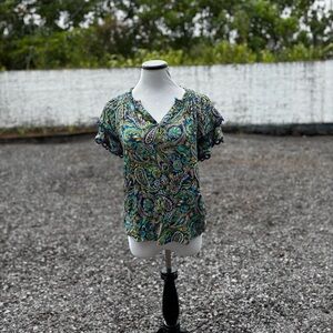 Democracy Short Double Flounce Sleeve Smock Neck Printed Woven Top